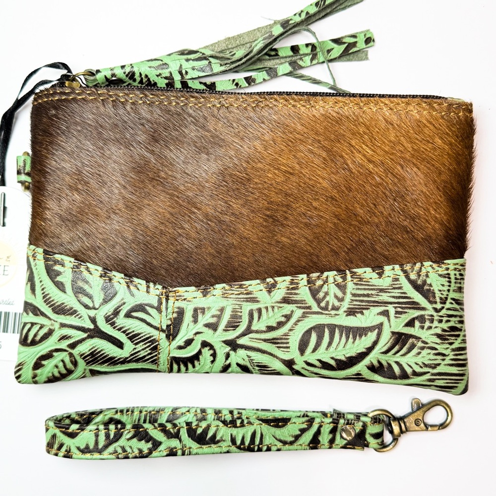 Hair On Hide Cowhide Leather Wristlet Clutch Mint Green Tooled Leather Western - Picture 2 of 5
